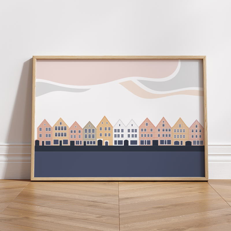 Unikt kunstverk av Bergen Brygge designet av Santihoff. Ideell gave for interiør- og designentusiaster, jubileer, eller som bedriftsgave.