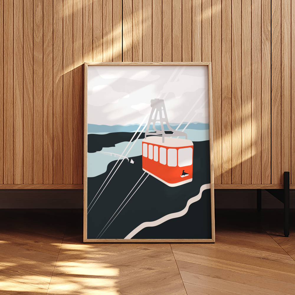 Unikt kunstverk av Fjellheisen i Tromsø designet av Santihoff. Ideell gave for de som liker interiør og design, til jubileer, bedriftsgave eller julegave.